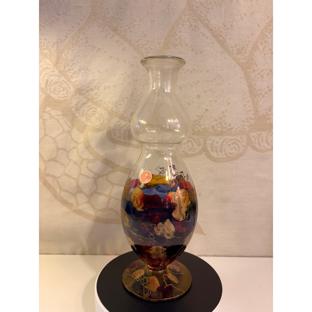 Vintage Romanian Hand Blown Art Glass Vase Double Bulbous Gold Filigree Abstract
